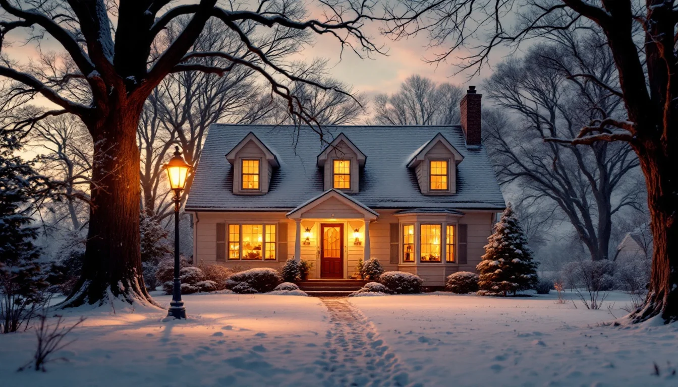 Cozy Peoria home in winter with warm glowing windows