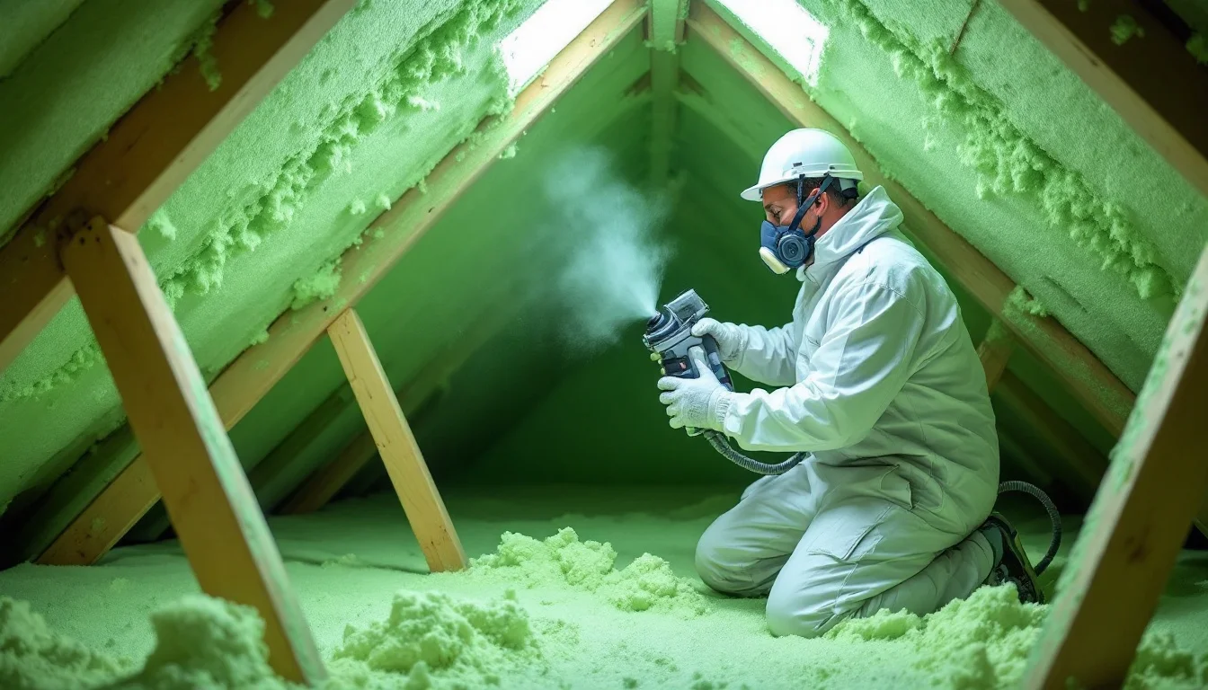 Spray foam insulation being applied in a Peoria IL attic by Peoria Spray Foam Pros